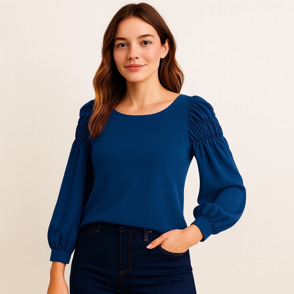 Ann Taylor Teal Ruched Sleeve Long Sleeve Boat Neck Blouse Top Women’s Small